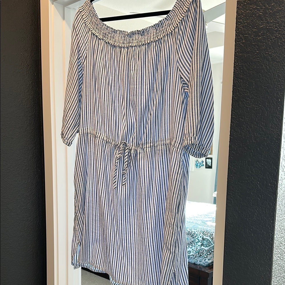 Tommy Hilfiger Blue and White Smocked Midi Dress